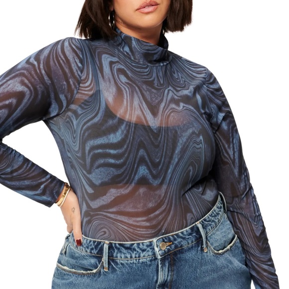 GOOD AMERICAN Blue Moody Mesh Longsleeve Bodysuit - Picture 7 of 10